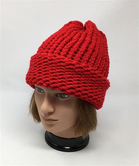 Red Rolled Brim Hat Loom Knit Hat Red Knit Hat Rolled Brim