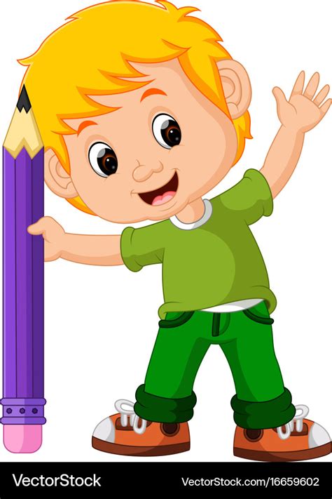 Kids Boy With Big Pencil Cartoon Royalty Free Vector Image