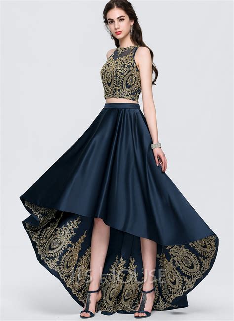 A Line Scoop Neck Asymmetrical Satin Prom Dresses With Lace Beading Sequins 404278268 Jjs House