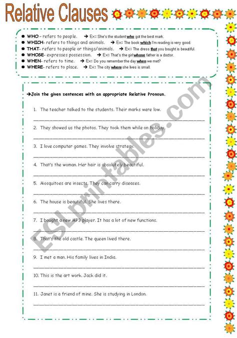 His wife's got a shop which sells all kinds of bags. RELATIVE CLAUSES exercises - ESL worksheet by ...