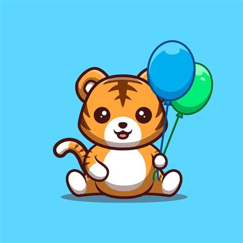 Premium Vector Tiger Sitting Hold Balloon Cute Creative Kawaii Cartoon Mascot Logo