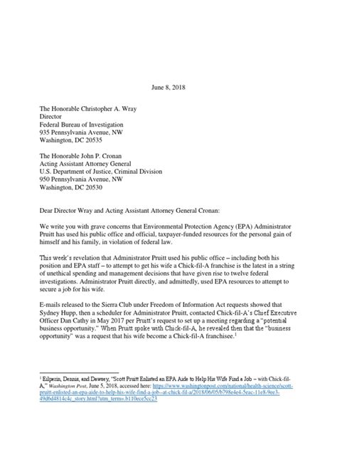 The most widely used business letter formats are full block and modified block. Letter to FBI and DOJ - Pruitt Criminal Investigation ...
