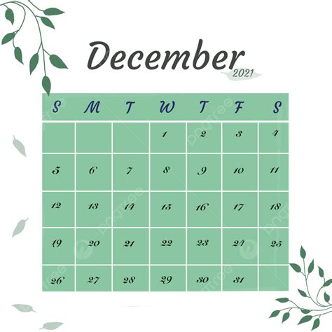 Calendário De Dezembro De 2021 Com Folhas E Fundo Verde Png Dezembro