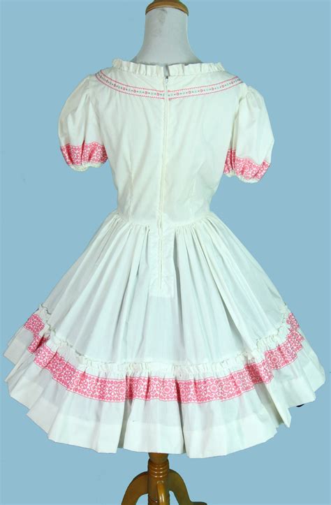Vintage Summer Square Dancing Dress White Cotton With Pink Etsy