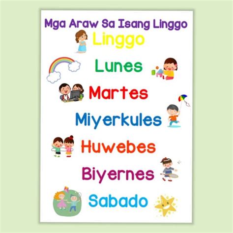 Mga Araw Sa Isang Linggo Filipino Tagalog Laminated Chart A4 Size