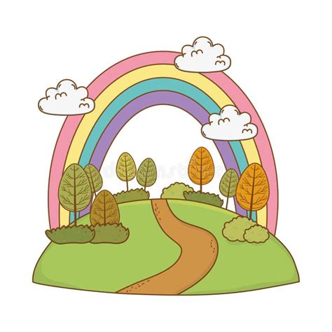 Beautiful Landscape With Rainbow Stock Vector Illustration Of Field