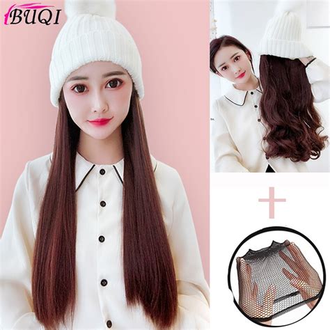Synthetic Wigs Buqi Hair 24 Inches Long Straight Wig With Hat Black