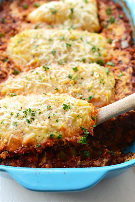 Baked chicken breast recipes for dinner. Healthy Chicken Parmesan Quinoa Bake - Fit Foodie Finds