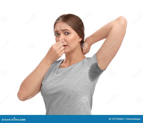 Young Woman With Stain On Her Clothes Against White Background Using