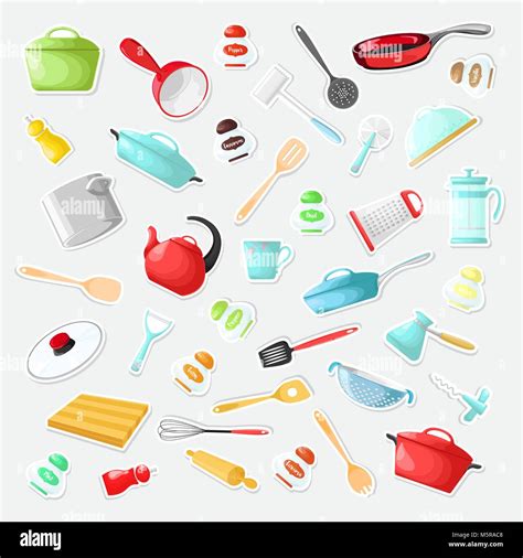 Set Of Stickers With Utensils In A Cartoon Style Vector Illustration