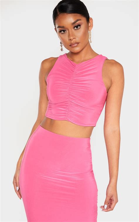 Pink Ruched Slinky Crop Top Tops Prettylittlething