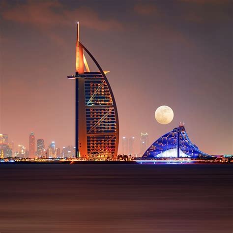 Night View Of Dubai Hotel Zone With Close Up Shot Of The Moon Dubai