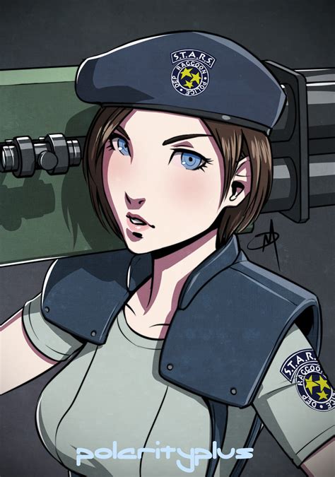 Polarityplus Jill Valentine Resident Evil 1girl Beret Blue Eyes Breasts Brown Hair Hat