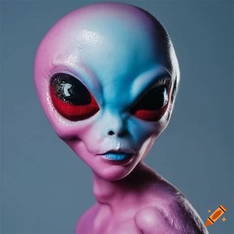Portrait Of A Lifelike Pink Alien With Blue Eyeshadow And Red Lipstick