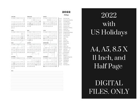 Printable 2022 United States Holidays Yearly One Page Calendar Etsy