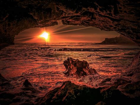 Sunset View From Beach Cave 4k Ultra Hd Wallpaper Background Image