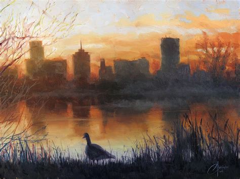 Denver Skyline From Sloans Lake At Dawn Painting By Christopher Clark