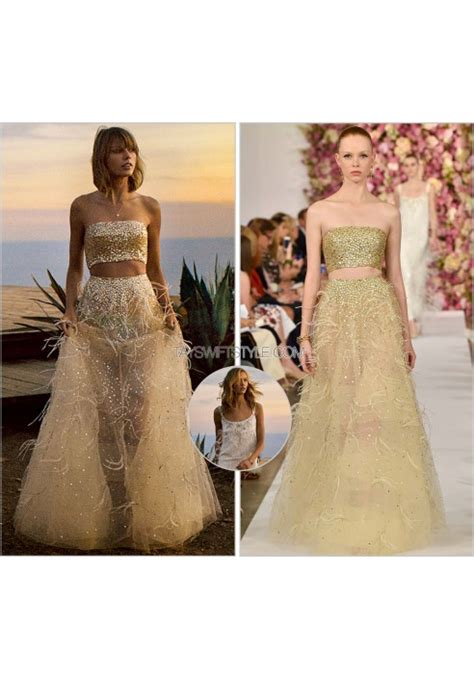 Taylor Swift Two Piece Gold Sequin Tulle Feather Dress Vogue Photoshoot