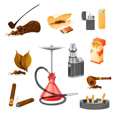 Набор предметов связанных с курением темы табак и трубки сигары кальян и вейп зажигалки и