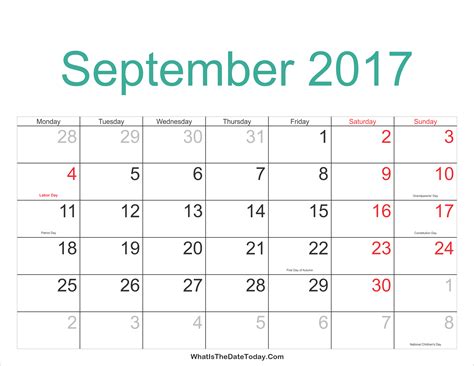 September 2017 Calendar Printable With Holidays Whatisthedatetodaycom