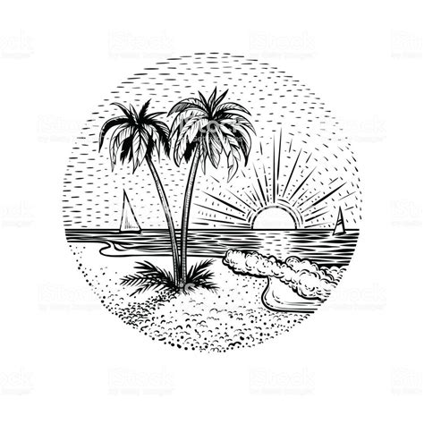 Sunset Beach Drawing Black And White Panoramic Beach View Vector My