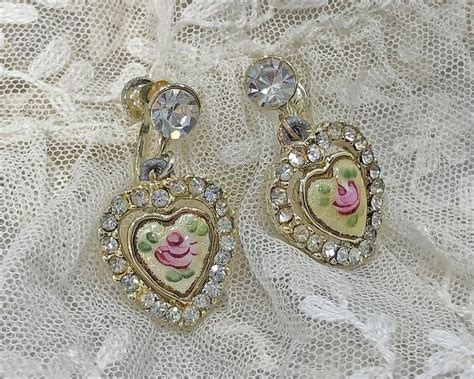 Vintage Guilloche Earrings Heart Dangles With Rhinestones Surround