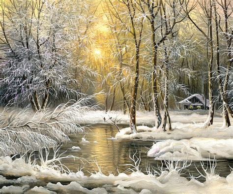 1366x768px 720p Free Download Winter Forest Frozen Ice Oil