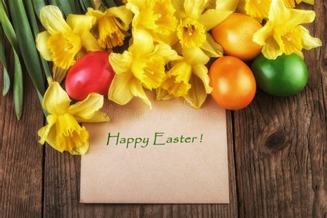 Happy Easter Card Yellow Flowers Sunlight Effect Stock Photo Image