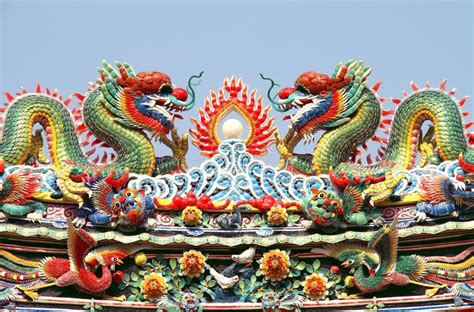 Double Chinese Dragon On The Temple Roof Stock Image Image Of Color