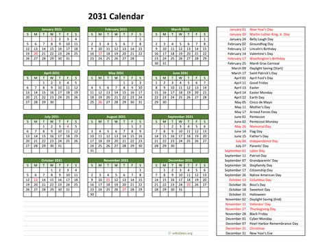 2031 Calendar With Us Holidays