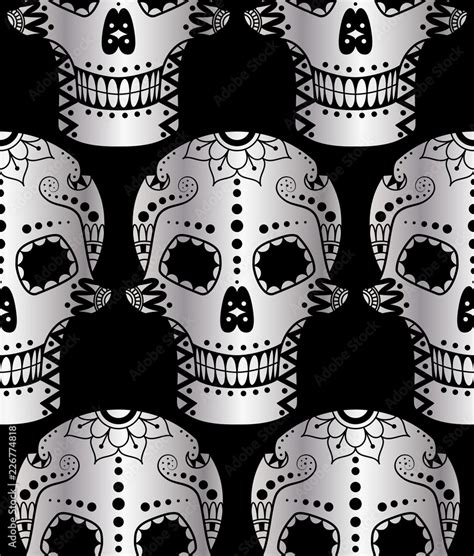 Vector Seamless Pattern Of Metal Sugar Skull With Doodle Floral