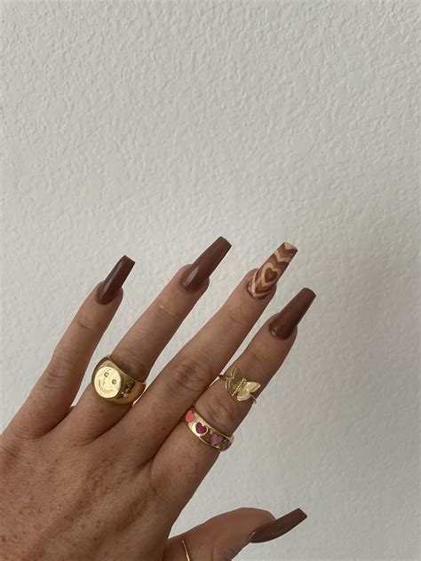 ring inspo smiley ring brown heart nails aesthetic nails brown nails brown coffin nails