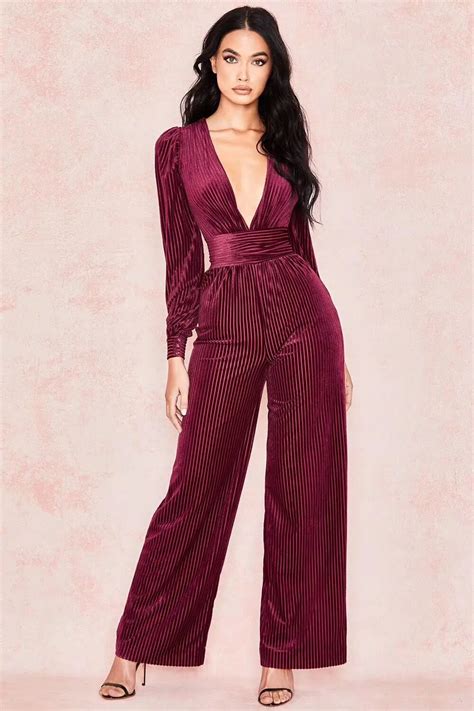 2018 new burgundy jumpsuit celebrity women v neck long sleeve rompers celebrity evening party