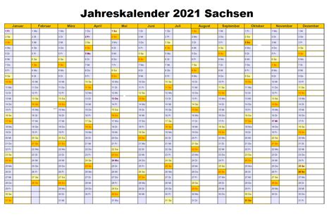 Diese pdf jahreskalender 2021 in drei verschiedenen farbschemen sind praktische bürokalender. Jahreskalender 2021 Sachsen Mit Ferien und Feiertagen ...