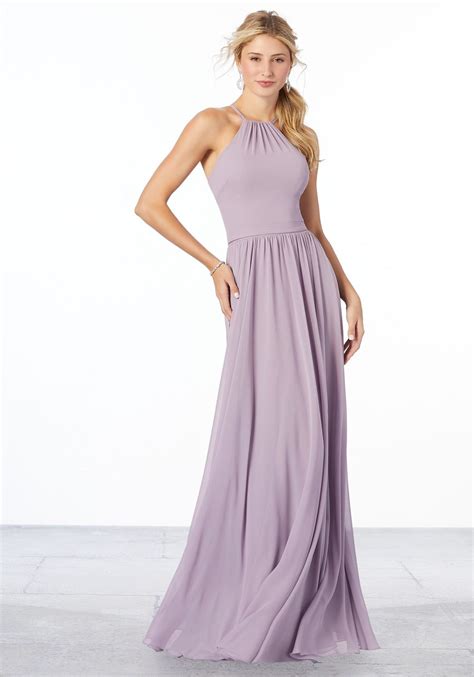 Open back adjustable spaghetti straps bridesmaid dress with split. High Halter Chiffon Bridesmaid Dress | Morilee