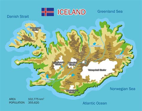 Vector Color Geographic Map Of Iceland With Rivers Lakes And Oceans