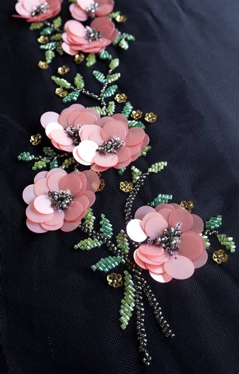 Hand Made Motif With Pink Sequins Flowers And Beaded Leaves Etsy