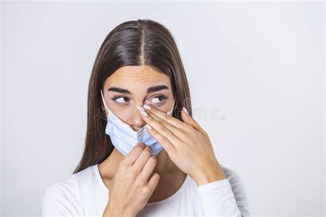 Don`t Touch Your Face Girl Wearing Surgical Mask Rubbing Her Eye With