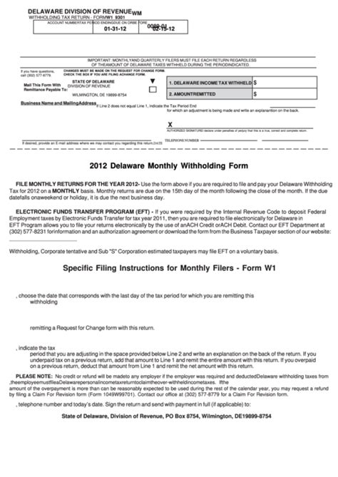 Fillable Form W1 Withholding Tax Return 2012 Printable Pdf Download