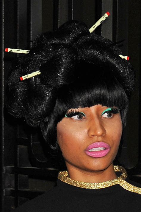 Nicki Minaj Straight Teased Black Curved Bangs Updo Wig Hairstyle