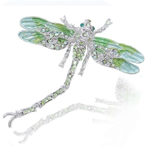 Silver Tone Dragonfly Insect Brooch Pin Peridot Green Austrian Crystal