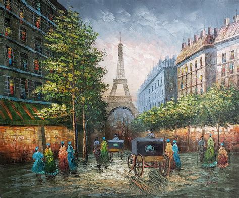 Vintage Eiffel Tower Original Oil Painting On Canvas Street Scene Of