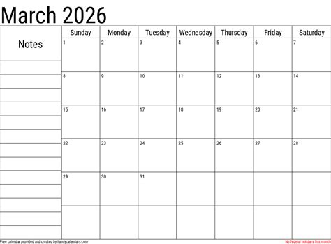 March 2026 Calendar With Notes And Holidays Handy Calendars