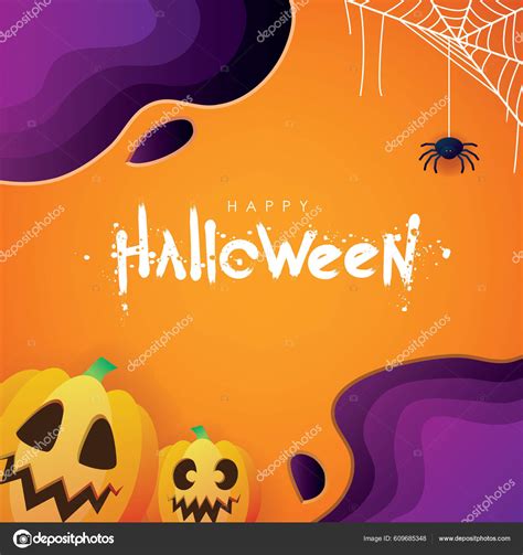 Happy Halloween Pumpkin Faces Spider Web Purple Orange Background Vector Stock Vector By