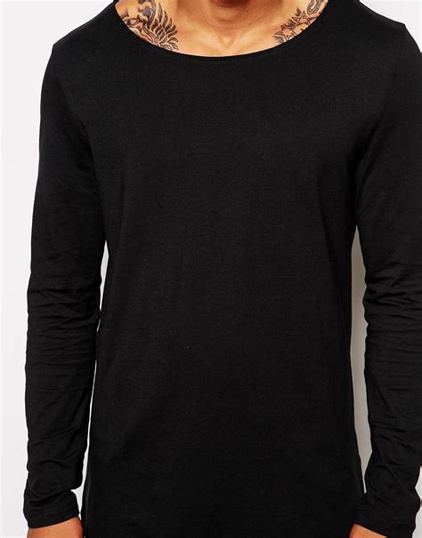 asos long sleeve t shirt with boat neck in longline in black for men lyst