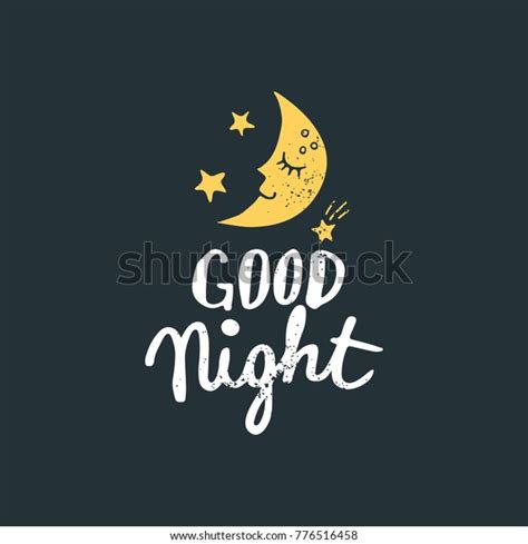 Good Night Vector Handdrawn Lettering With Yellow Moon And Stars White Handmade Phrase On The