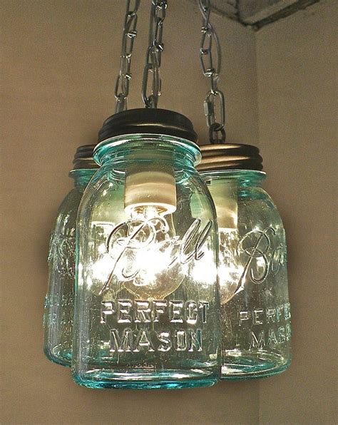 Handcrafted Blue Green Vintage Mason Three Jar Pendant