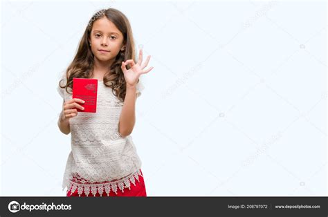 Brunette Hispanic Girl Holding Passport Switzerland Doing Sign Fingers