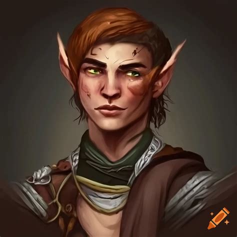 Male Half Elf Bard Character With Brown Hair And Scar On The Cheek