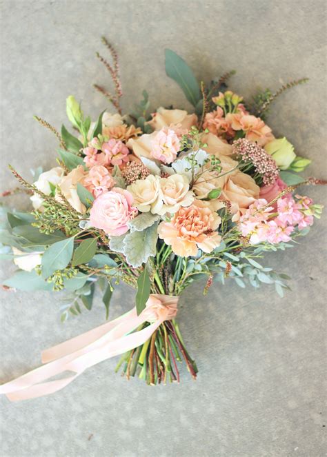 Bridal Bouquet Peach Carnations Quicksand Roses White Majolica Spray